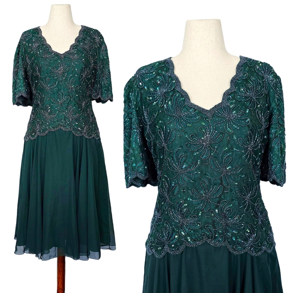 1980s Vintage Dress 80s Midi Forest Green Sequin Beaded Size M Medium Cocktail